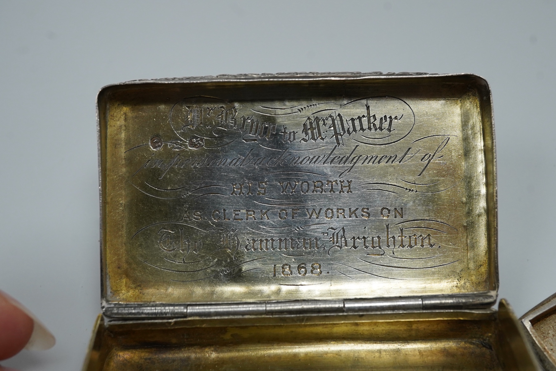 A William IV engine turned silver rectangular snuff box, by Joseph Wilmore, Birmingham, 1830, with later engraved inscription dated 1868 relating to a Turkish Baths in Brighton, known as The Hamman, 74mm, together with o